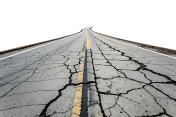 Cracked Road with Yellow Line - Isolated on White Background as Transparent. PNG. AI GENERATED