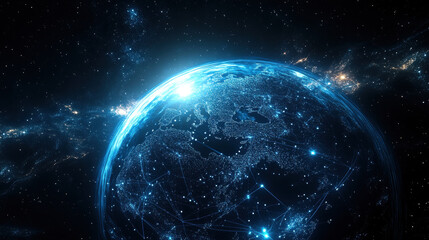 Obraz premium Blue, glowing light lines on Earth from space, a global network concept with the planet Earth and a starry sky background