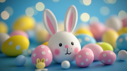Easter bunny surrounded by colorful decorated eggs, spring celebration, festive decor, pastel colors, joyful atmosphere, family traditions, holiday spirit.