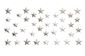A collection of minimalist five-pointed stars in various sizes arranged in a random pattern isolated on white background