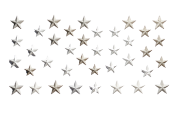 A collection of minimalist five-pointed stars in various sizes arranged in a random pattern isolated on white background