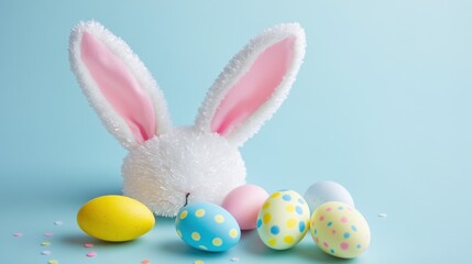 Easter bunny ears with colorful decorative eggs on pastel background, festive spring celebration, family traditions, holiday decoration concepts, joyful moments.