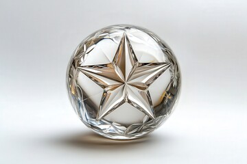 Crystal orb with star engraving on a reflective surface.