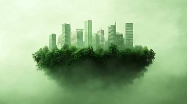 Green city floating on a cloud.