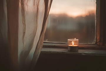A single candle flickers on a weathered windowsill at sunset or sunrise, framed by soft curtains. A quiet moment of reflection, spirituality, and remembrance