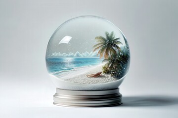 Tropical beach encapsulated in a serene snow globe scene.