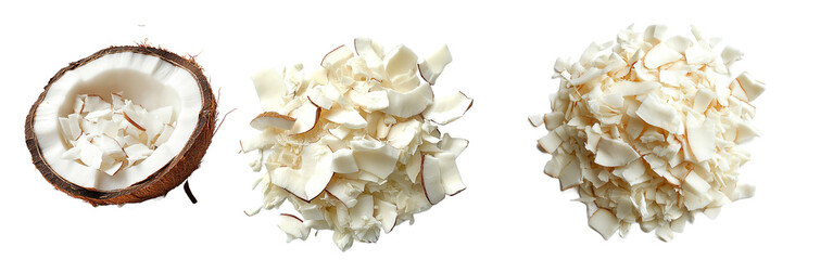 Various Forms of Fresh Coconut Pieces and Shreds  isolated with Transparent PNG