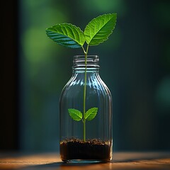 A small green plant growing inside of a glass bottle