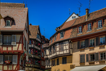 Fototapeta premium Half timbered houses by canals of Little Venice in Colmar, France