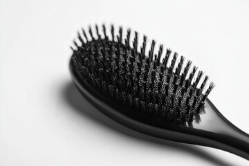 Close-up of a black bristle brush against a white background.