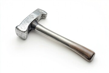 A sturdy metal hammer with a polished wooden handle on a white background.