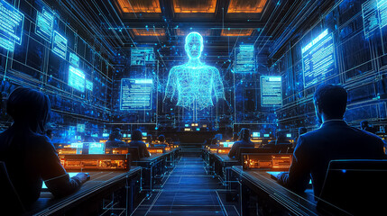 Futuristic Conference Room with Holographic Displays and Digital Data Projections