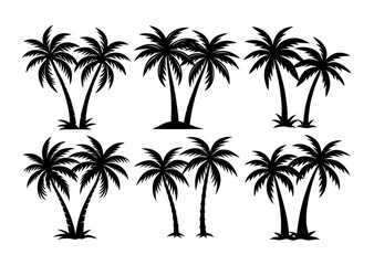 Set of six black silhouette palm trees, tropical nature vector illustration, isolated on white background.