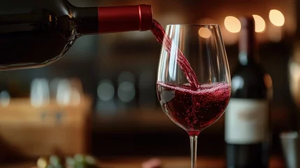 Wine Pour: Capturing the moment of pouring red wine into a crystal glass, creating an elegant still life scene of indulgence and sophistication. 