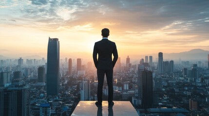 Businessman Contemplating City Skyline at Sunrise