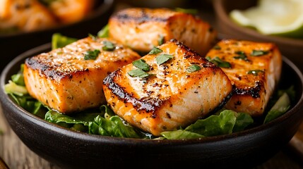 hearty Caesar salad with salmon chunks and herb dressing