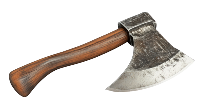 Rustic axe with wooden handle on transparent background
