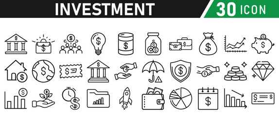 Investment Line Icon Set. Contains Financial Strategy, Savings, Credit Score, income, wallet, currency, dollar, card, coin, Capital, Banking, Profit icons collection