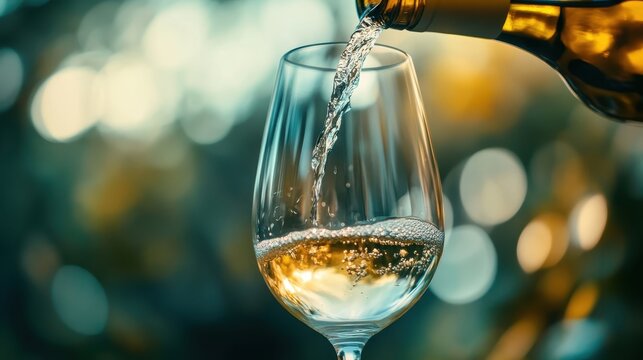 Pouring White Wine: A close-up captures the elegant pouring of white wine into a delicate glass, against a soft, blurred background. Evoking sophistication and conviviality.