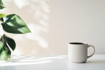 Minimalist scene with a mug and plant casting shadows.