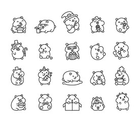 Cute kawaii hamster illustrations with funny cartoon characters, adorable doodle drawings, joyful hand drawn animals in a playful and creative outline art style