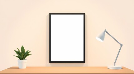 "Modern Office Decor: A minimalist office setting features a framed picture, a stylish lamp, and a potted plant, showcasing clean lines and a calming atmosphere.