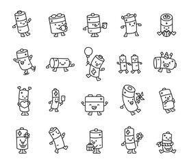 Cute kawaii battery characters with happy cartoon emotions for energy, power, technology, fun, joy, expressions, lifestyle, electric, charge, playful, cheerful, friendly, smiling, activity, gadgets