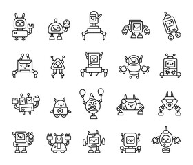 Fototapeta premium Cute kawaii robots with futuristic technology and fun expressions for artificial intelligence, cyber, android, happiness, character, emotion, joy, friendly interaction, modern digital future