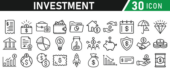 Investment Line Icon Set. Contains Financial Strategy, Savings, Credit Score, income, wallet, currency, dollar, card, coin, Capital, Banking, Profit icons collection