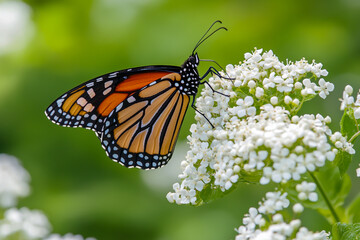 Fototapeta premium Beautiful butterfly resting on a delicate white spring flower, set against a soft green background with pastel colors.
