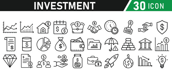 Investment Line Icon Set. Contains Financial Strategy, Savings, Credit Score, income, wallet, currency, dollar, card, coin, Capital, Banking, Profit icons collection