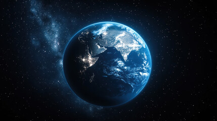 Fototapeta premium The Earth in space, glowing blue and white, with stars in the background