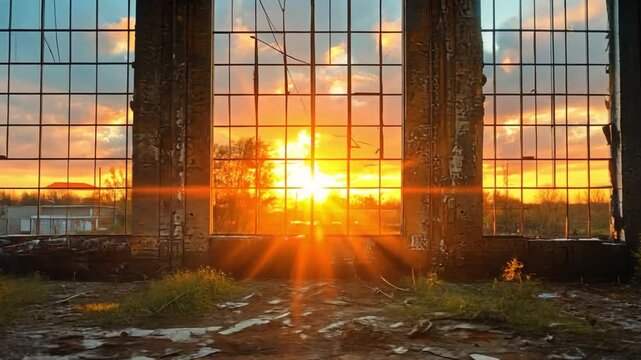 Sunrise Through Abandoned Window: Capturing the sun's golden rays piercing through a weathered window of an abandoned building, casting a warm glow on the dilapidated interior. 