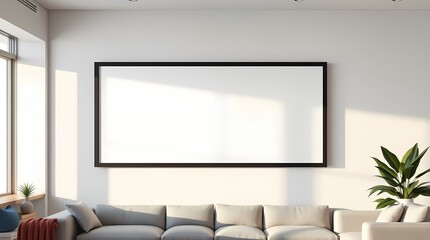 Empty Canvas: A modern living room showcases an empty frame hanging on the wall, offering a blank space for customization and creative display.