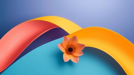 Floral Curves: An eye-level shot showcasing a delicate orange flower gracefully resting atop a vibrant array of multi-colored, sinuous paper ribbons against a softly shaded backdrop.