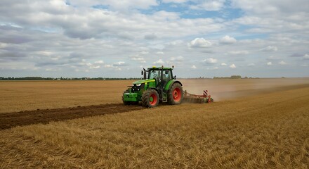 Obraz premium Green tractor plowing a field of stubble under a cloudy sky, concept for agriculture, farming, and harvesting