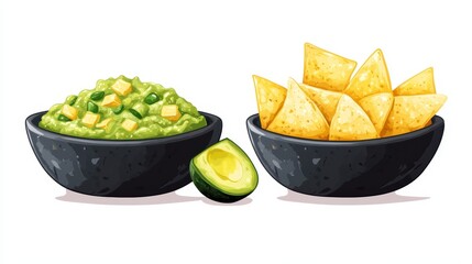A bowl of rich, creamy guacamole, served with tortilla chips, isolated against a transparent background 