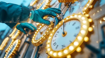 Person adjusting multiple illuminated clocks.