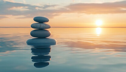 Calm stones balanced on water at sunset