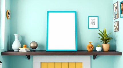 Coastal Charm: A vibrant teal frame takes center stage above a decorative mantelpiece. Surrounded by minimalist decor, small picture frames, vases, and indoor plants.