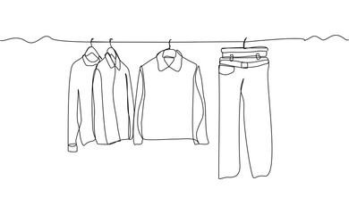 Continuous single line of wardrobe clothes hanging and drying with hanger. Laundry fashion wardrobe concept sketch drawing editable stroke vector illustration