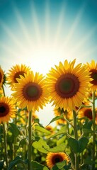 Obraz premium Vibrant sunburst backdrop with bright yellow sunflowers, warm, sunflower