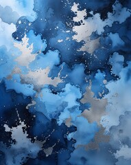 blue with silver cloudy watercolor painting texture strokes abstract background for card or greeting template banner backdrop