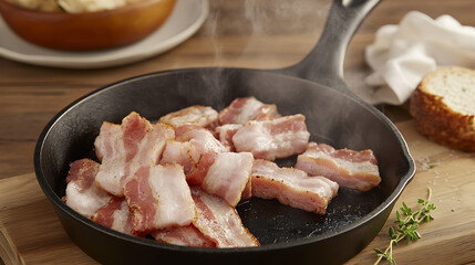 Roasted Bacon Sizzling in Cast-Iron Skillet – Rich Meat Dish, Indulgent Fatty Food, Exploring Cholesterol Levels and Dietary Choices