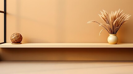Minimalist Home Decor: A serene still-life composition showcases a spherical woven ornament and a bouquet of dried wheat in a vase, both placed on a wooden shelf against a warm-toned backdrop.