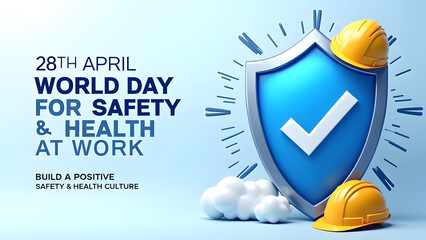 World day for safety and health at work. 28th April. World Day for safety of workers. Workers Day Banner in blue. Awareness of accidents and diseases globally. Safety and Health for employees.