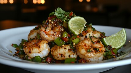 gourmet shrimp salad with arugula and tomato slices