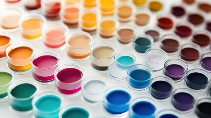 Colorful Palette of Art Supplies in Round Containers on Display