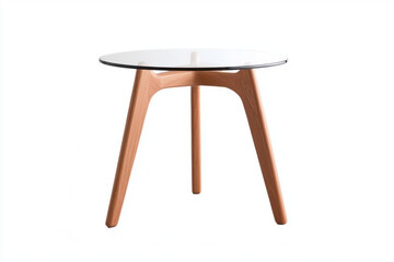 Fototapeta premium Elegant glasstopped side table with wooden base living room furniture design modern aesthetic bright environment eye-level viewpoint