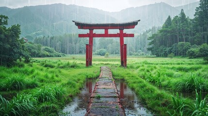 A tranquil and misty scene of a red Torii gate standing proudly over a pathway leading through lush green rice fields. Rain is gently falling, adding a sense of calm to the beautiful landscape